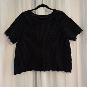 GAP Black Open Knit Cotton Short Sleeve Sweater Scallop Hem Women’s XL
